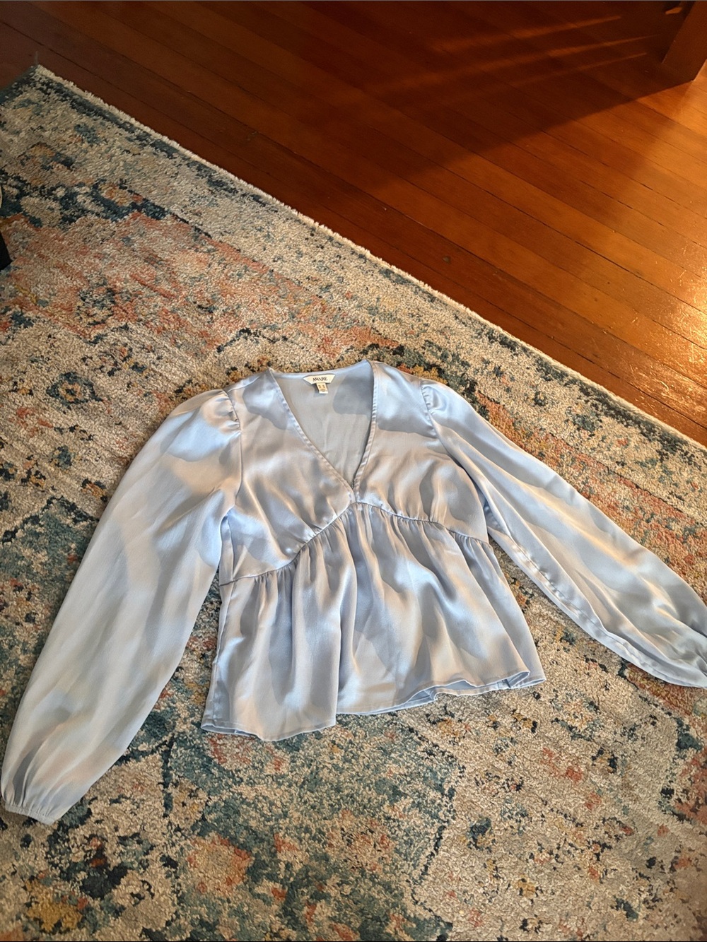 Light Blue Satin V-Neck Peplum Blouse